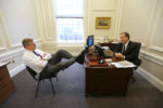 Governor Charlie Baker settles in for his second day of work at the State House, on January 12, 2015. He chats in the office of his chief of staff, Steve Kadish. And instead of the traditional governor's office, he's elected to use the austere office of former governor Deval Patrick's chief of staff. "I want a regular office," he said, "where I can spill a cup of coffee and not worry about it."