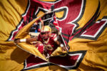 CHESTNUT HILL, MA - NOVEMBER 05: Myles Willis #23 of Boston College breaks through a flag as the team is introduced before a game against Louisville at Alumni Stadium on November 5, 2016 in Chestnut Hill, Massachusetts.