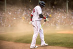 BOSTON, MA - JULY 23: David Ortiz #34 of the Boston Red Sox reacts as wind blows dust on the field during the first inning of a game against the Minnesota Twins on July 23, 2016 at Fenway Park in Boston, Massachusetts.