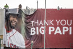 BOSTON, MA - AUGUST 12: A new billboard for David Ortiz #34 of the Boston Red Sox is installed on Lansdowne Street above Fenway Park before a game between the Boston Red Sox and the Arizona Diamondbacks on August 12, 2016 at Fenway Park in Boston, Massachusetts.