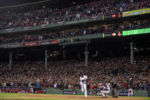 BOSTON, MA - OCTOBER 10: David Ortiz #34 of the Boston Red Sox bats during the final at bat of his career during the eighth inning of game three of the American League Division Series against the Cleveland Indians on October 10, 2016 at Fenway Park in Boston, Massachusetts.