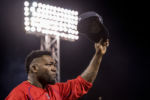 BOSTON, MA - OCTOBER 10: David Ortiz #34 of the Boston Red Sox reacts as he gives a curtain call to fans after playing the final game of his career during game three of the American League Division Series against the Cleveland Indians on October 10, 2016 at Fenway Park in Boston, Massachusetts.