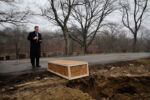 Robert Lawler says a prayer over the casket of Jeanne Kirby in the ÒCity Poor LotÓ at Fairview Cemetery in Boston, MA. Lawler said Jeanne Kirby was homeless and she died on the streets in Boston on October 20, 2015. She was 39 years old. Her body remained at the medical examiners until Lawler buried her on March 25, 2016.
The state medical examinerÕs office, concerned that it could run out of room to store corpses, has nearly doubled the amount of money it offers funeral homes to bury unclaimed bodies.
The office must hold unclaimed bodies until a funeral home can be found that is willing to bury them, but that process has been increasingly delayed, the medical examinerÕs office said.
The $1,100 fee that the state used to offer to funeral homes to perform the burials was insufficient. Just three funeral homes had handled such burials recently, and most were done by Lawler, the office said.