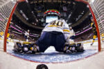 Boston Bruins right wing David Pastrnak (88) (right) looks on as a shot by Boston Bruins center Patrice Bergeron (37) scores on Buffalo Sabres goalie Robin Lehner (40) during the second period of the Boston Bruins 3-1 win over the Buffalo Sabres at TD Garden, Dec. 31, 2016.