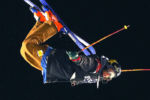 At the freestyle Ski World Cup finals of mens and ladies during the Big Air at Fenway Park, mens winner, Vincent Gagnier from Canada flips in his final jump.