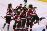 Hockey East Championship- Umass Lowell vs Northeastern Univ.- NU celebrates their victory as they mob their goalie Ryan Ruck at the end of the game.