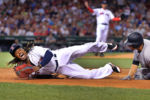 Red Sox vs Yankees- Yankees Gary Sanchez (right)collides at 1st base with Sox first baseman Hanley Ramirez in the 8th inning. Sanchez was safe as Ramirez rolled over in pain but stayed in the game.
