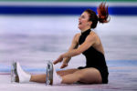 World Figure Skating Championships at TD Garden. During the Ladies short skate, Ashley Wagner from USA, manages a laugh as she fell to the ice after her performance, while she thanked the crowd.