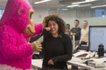 Feb. 14, 2017 – Carrie Pierce reacts to Scott Galbraith, dressed as Pinky the singing gorilla, serenading her in her office on Milk Street in Boston, Massachusetts. Reactions to Galbraith’s performance varied from uncontrollable laughter to happy tears.
