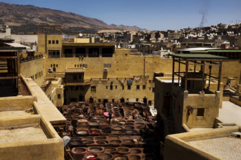 A general view of the Chouara tannery from a surrounding leather shop in the Medina in Fes, Morocco on July 29, 2017.