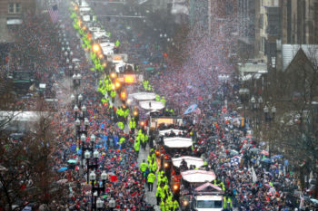 he New England Patriots celebrated their victory with a duck boat parade down Boylston Street, as thousands of fans lined the route.
