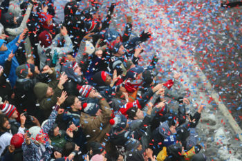The New England Patriots celebrated their victory with a duck boat parade down Boylston Street, as thousands of fans lined the route.