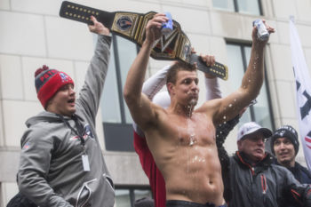 New England Patriots tight end Rob Gronkowski celebrates during the New England Patriots' Super Bowl Parade.