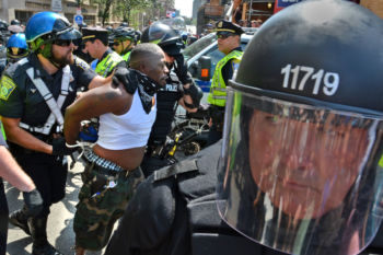 Police arrest demonstrators on Boylston Street after freedom of speech speakers were transported from the Boston Common