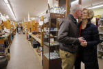 Democratic 2020 U.S. presidential candidate and U.S. Senator Elizabeth Warren kisses her husband Bruce while visiting the Laconia Antique Center in Lanconia, New Hampshire, February 23, 2019.
