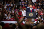 U.S. President Donald Trump looks into the audience during a rally in Manchester, New Hampshire, U.S., on Thursday, Aug. 15, 2019.