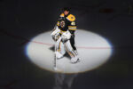 The St. Louis Blues battled the Boston Bruins in a seven-game Stanley Cup Final. The season for both team came down to a dramatic Game 7, in which the Blues won their first championship in their 51st season of play. For the Bruins, the long season ended in s=disappointment on their home ice at TD Garden in Boston.
in Game one of the 2019 Stanley Cup Finals at TD Garden, BostonBruins goalie Tuukka Rask has the spotlight shined on him as the players were introduced before the start of the game.
