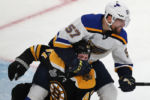 The Boston Bruins host the St. Louis Blues in Game one of the 2019 Stanley Cup Finals at TD Garden. Bruins Torey Krug is trapped in the glove of Blues David Perron in the 3rd period in front of the Bruins net.
