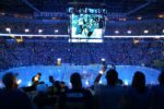 The Boston Bruins play the St. Louis Blues in Game 3 of the 2019 Stanley Cup Finals at Enterprise Center. St. Louis Blues fans held lights that bathed the aena in blue duiring a pregame ceremony.