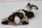 The Boston Bruins play the St. Louis Blues in Game 4 of the 2019 Stanley Cup Finals at Enterprise Center. Bruins Zdeno Chara lies injured and bleeding on the ice in the 2nd period after getting hit in the jaw with the puck. He left the game after his jaw was broken.