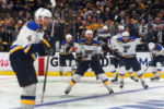 The Boston Bruins host the St. Louis Blues in Game 2 of the 2019 Stanley Cup Finals at TD Garden. Blues Carl Gunnarsson(left) scored the game winning overtime goal as his teammates rush on to the ice to congratulate him.