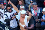 New England Patriots tight end Rob Gronkowski had his t-shirt torn off during the New England Patriots Super Bowl LIII victory parade in Boston on Feb. 5, 2019.